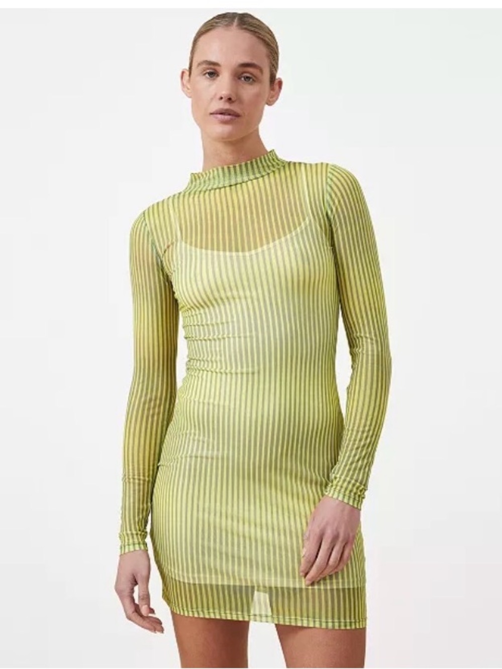 Cotton On Lime Green Sheer Striped Long-Sleeve Mini Dress
